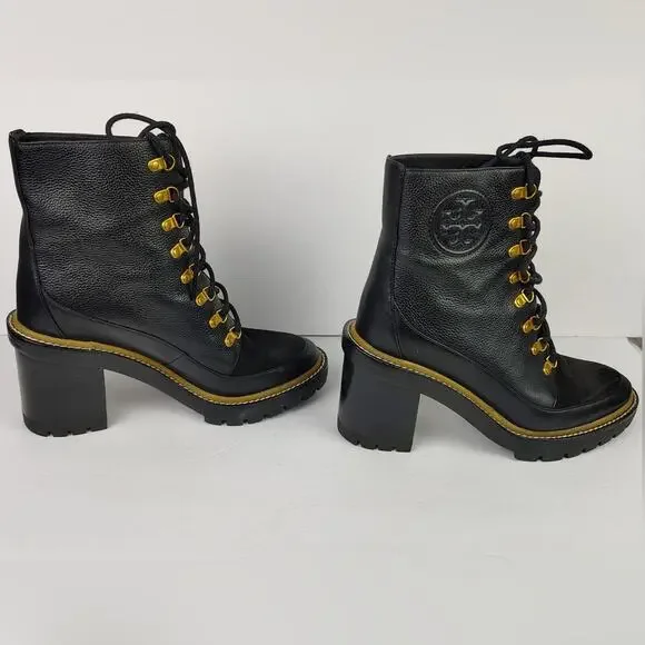 Tory Burch Miller 95mm Lug Sole Lace Up Bootie Black Hiking Boot Size 9.5 - Picture 3 of 14